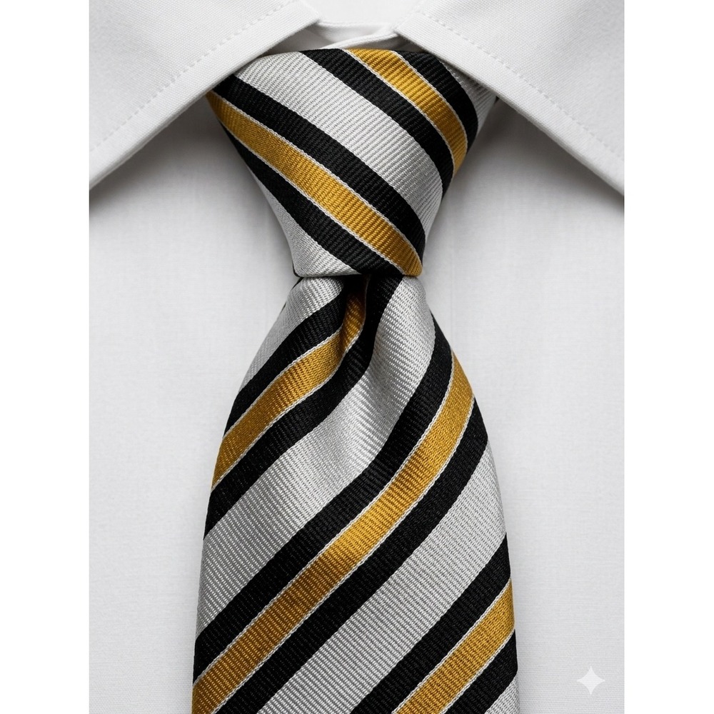 Ben Silver Charleston London Silk Tie Silver Yellow Black Striped Handmade 01163